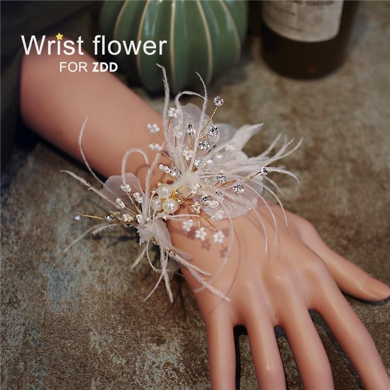 超仙美胸花新郎新娘手腕花伴娘伴郎羽毛刺绣胸针礼服婚纱饰品头饰 - 图1