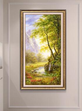 聚宝盆美式入门玄关装饰画正对墙山水风景油画高级感壁画客厅挂画