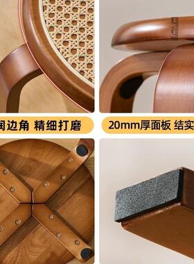 新款藤编实木圆凳餐凳加厚简约木凳子家用客厅餐桌木头叠放木板凳