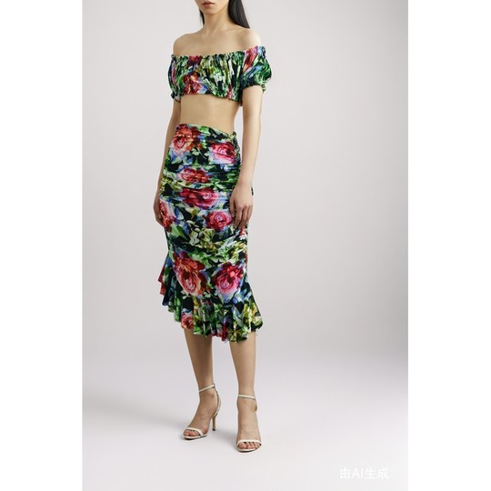 【折扣再降】Norma Kamali 露肩花卉印花弹力平纹布短款上衣