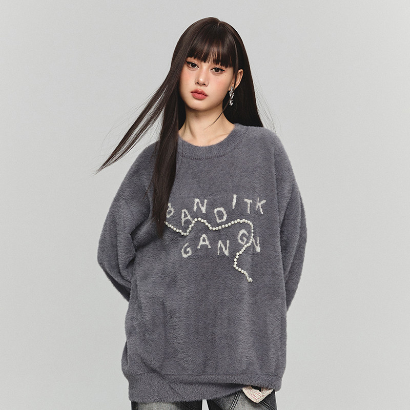 2023新款纯色圆领珍珠毛衣针织衫