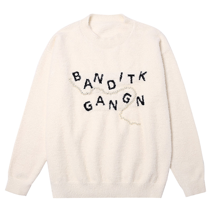 2023新款纯色圆领珍珠毛衣针织衫