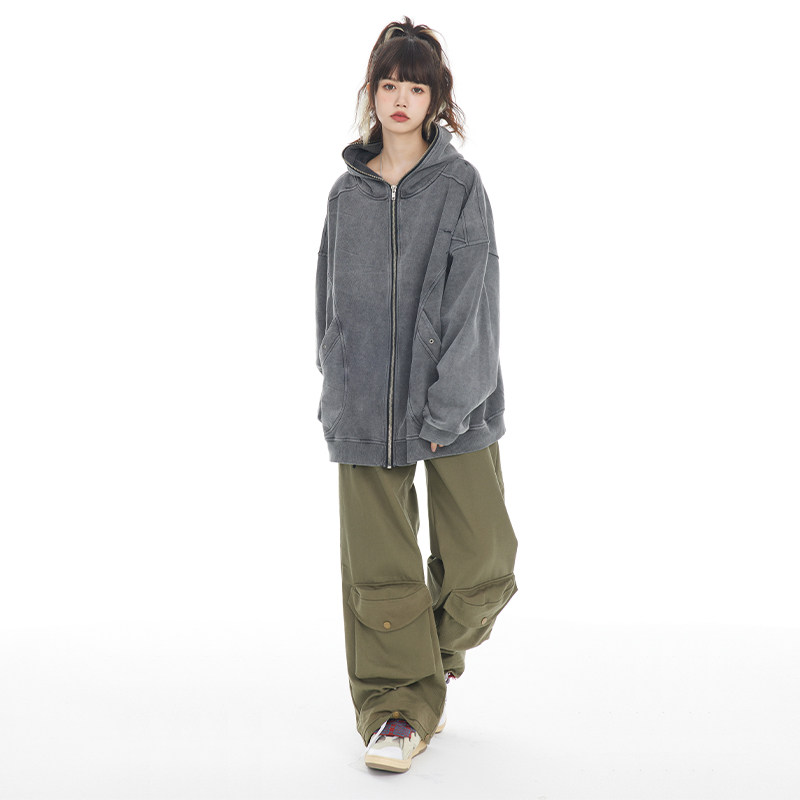 BANDITKGANGN做旧水洗灰春秋潮INS连帽卫衣