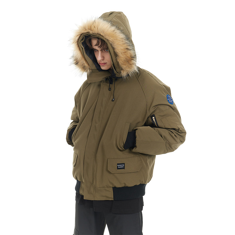 美式复古冬季加厚毛领连帽棉袄衣服女