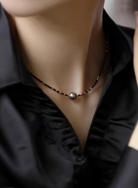 天然黑尖晶石大溪地珍珠锁骨链