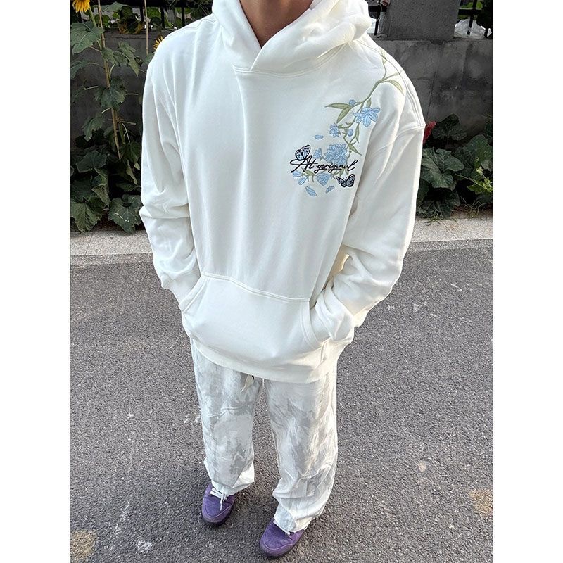 lhak美式潮牌花卉刺绣连帽卫衣男秋冬新款宽松百搭慵懒风情侣上衣 - 图1