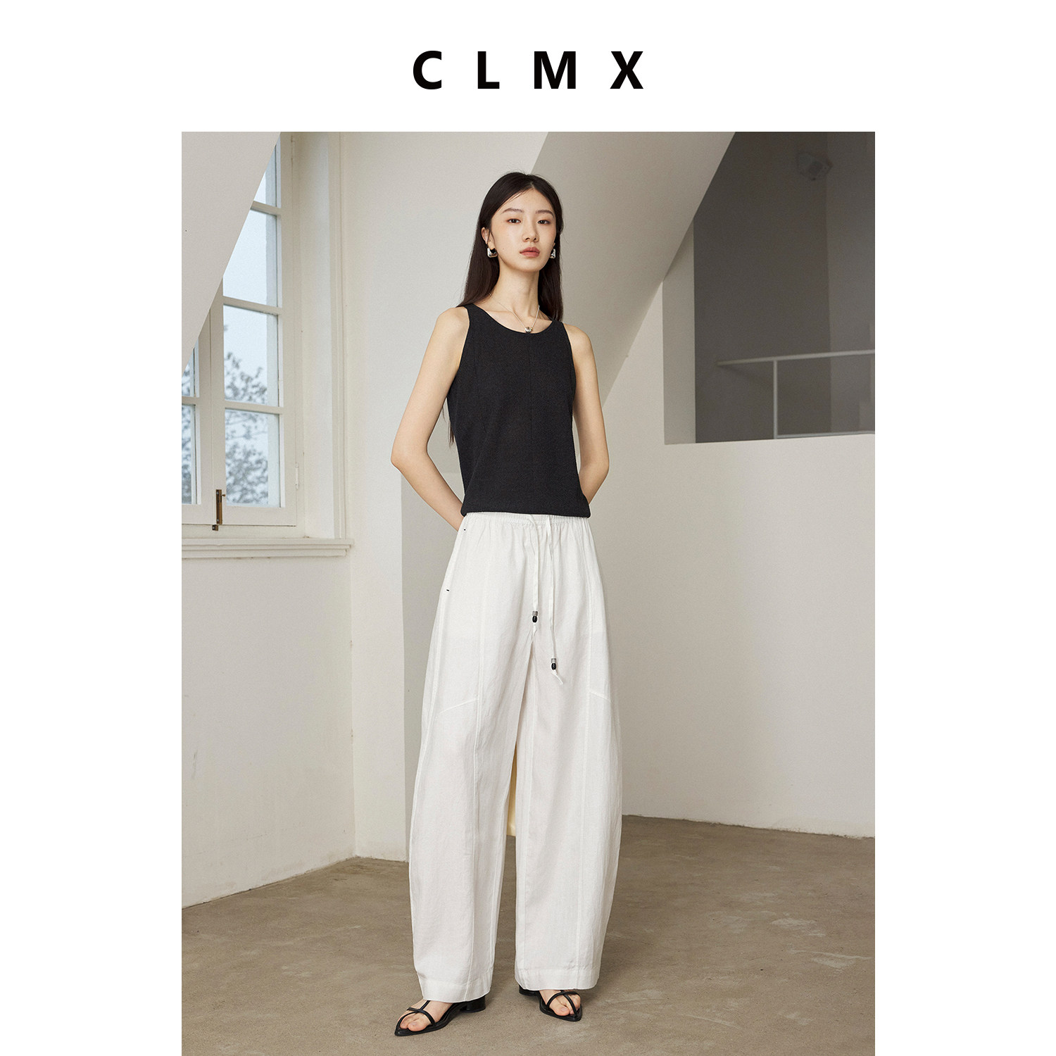 CLMX亚麻莱赛尔白色窄脚香蕉休闲裤女夏季薄款高级系带宽松长裤子