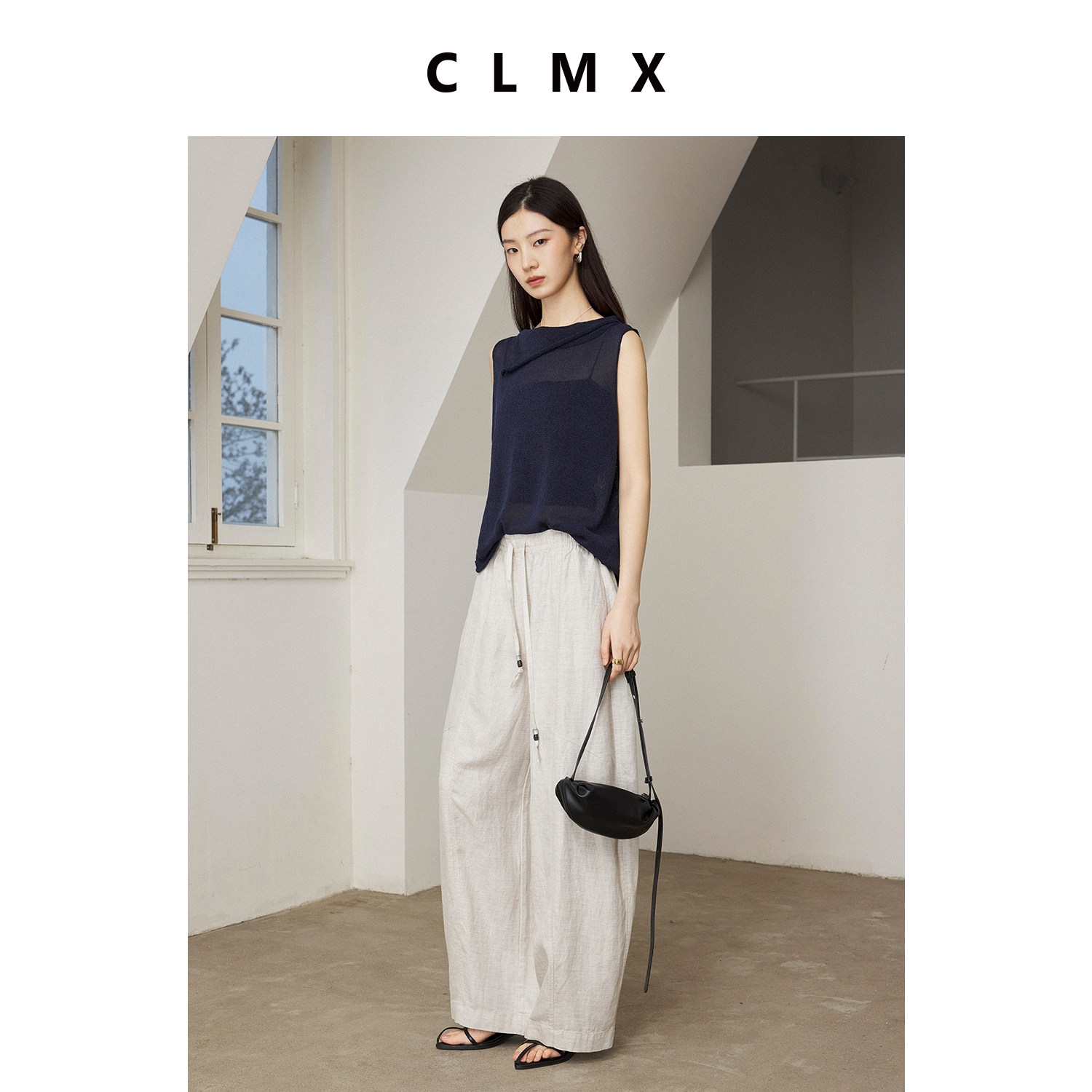 CLMX亚麻莱赛尔白色窄脚香蕉休闲裤女夏季薄款高级系带宽松长裤子
