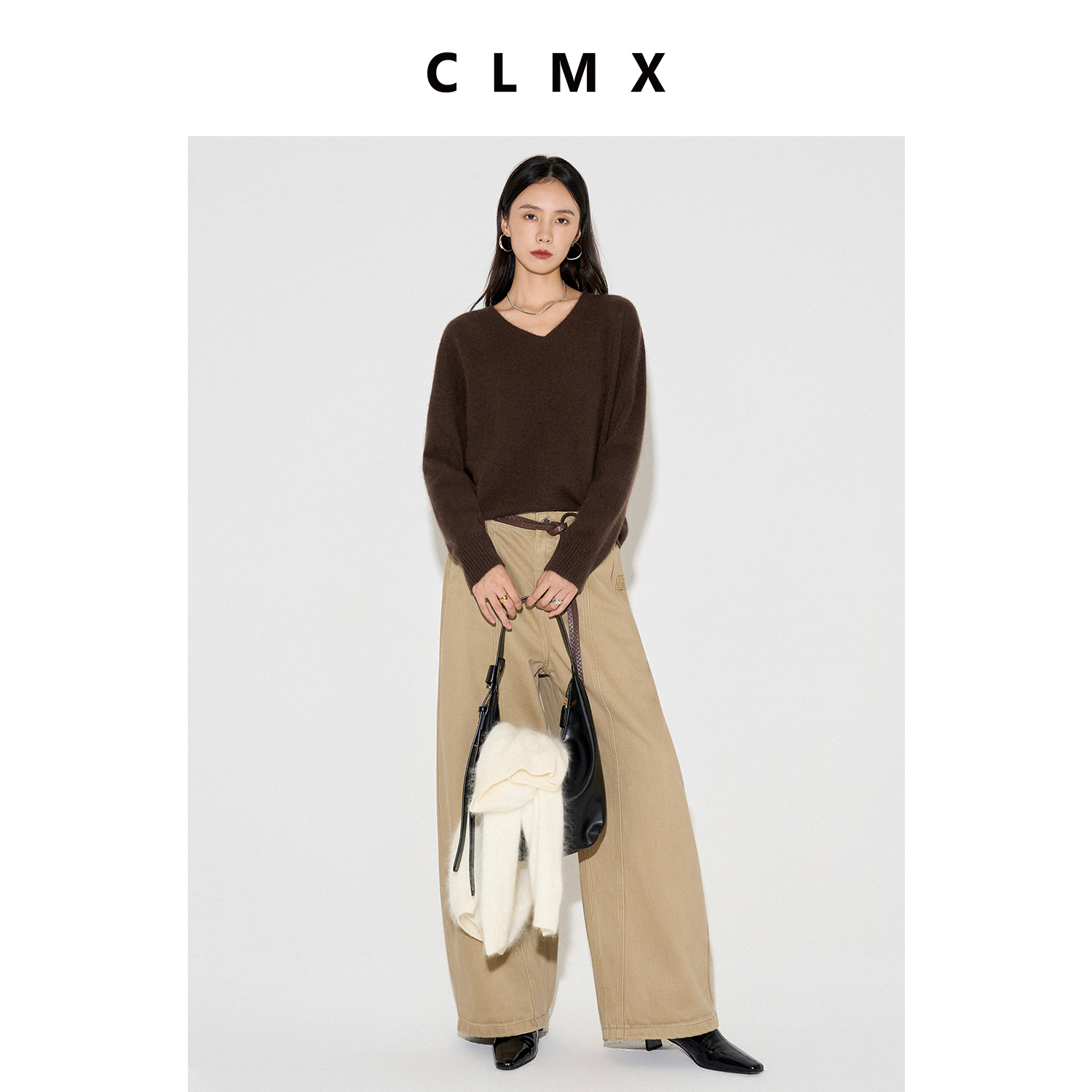 CLMX秋冬纯色通勤拼接阔腿裤棉莱赛尔混纺粗斜纹面料休闲廓形长裤 - 图1