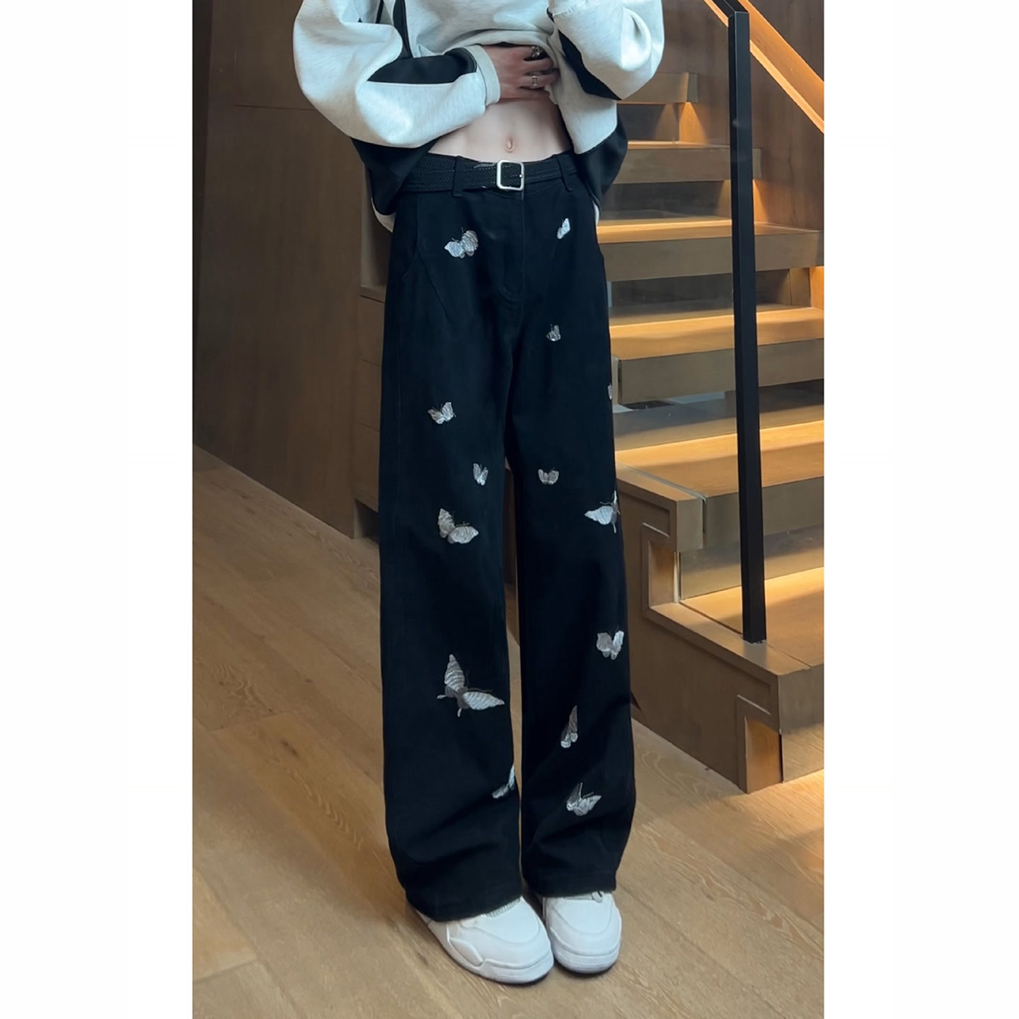 蝴蝶刺绣黑色阔腿牛仔裤男款秋季美式高街裤子显瘦弯刀直筒微喇裤,淘宝优惠券,粉丝福利购,淘宝优惠卷