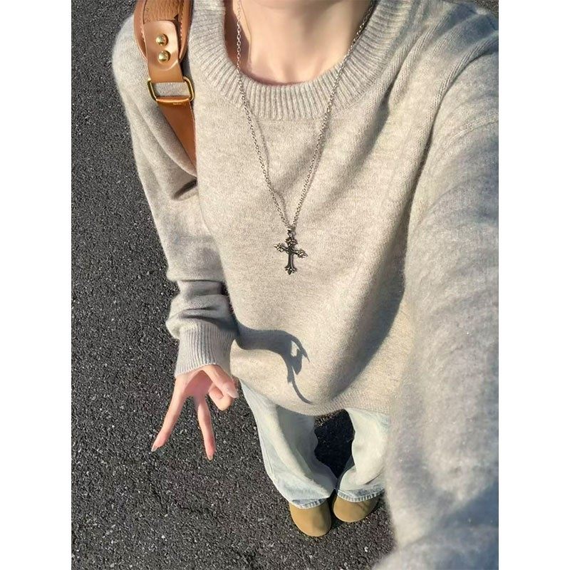 cleanfit灰色圆领毛衣男女秋冬慵懒风长袖针织衫内搭美式复古卫衣,淘宝优惠券,粉丝福利购,淘宝优惠卷