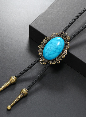 新品 欧美朋克风复古简约绿松石花型合金男士长款波洛领项链