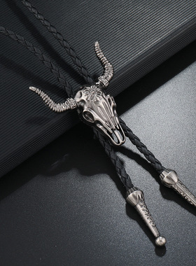 欧美长款皮革牛头镂空项链饰品时尚新款直销复古男士皮革项链