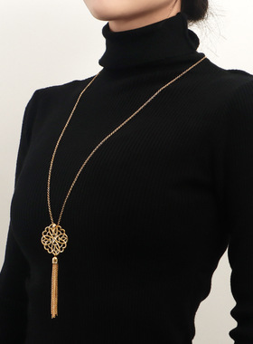 欧美饰品 INS镂空莲花流苏长款项链毛衣链女简约秋冬新品项饰