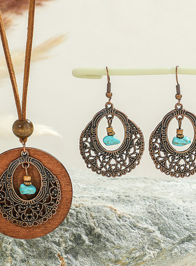 欧美抹绿复古配饰毛衣链米珠几何花纹圆木片PU长项链耳环套装项链