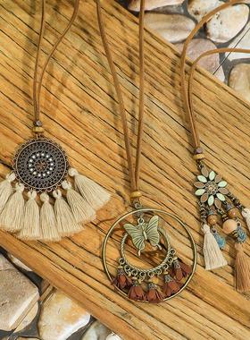 波西米亚度假风咖色流苏项链女异域民族风新中式复古毛衣链配饰品