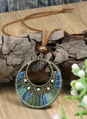 欧美新款项链简约手工编制混彩大圈吊坠波西米亚复古饰品