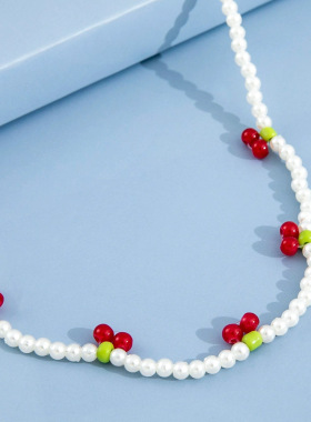 夏天ins风项链 小众珍珠樱桃颈链 甜酷辣妹时尚串珠项链女批发