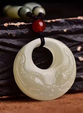 天然白玉年年有鱼吊坠毛衣链真玉玉佩玉石玉坠男女款项链情侣平安