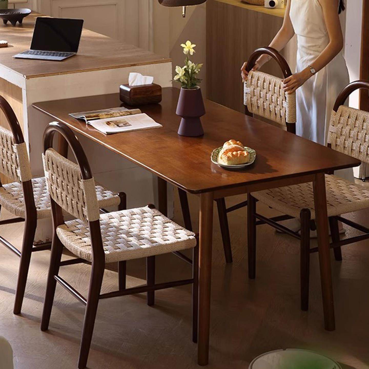 实木餐桌中古风家用小户型长方形胡桃木色餐厅吃饭桌子桌椅组合,淘宝优惠券,粉丝福利购,淘宝优惠卷