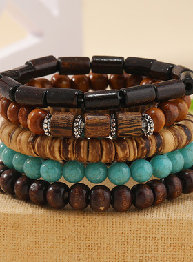 新品 欧美波西米亚风文艺复古多件套木珠手镯 多层木珠手链