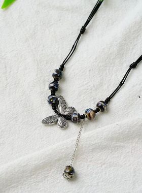 文艺民族风贵妃蝶陶瓷长款毛衣链女古风挂饰复古中国风蝴蝶项链