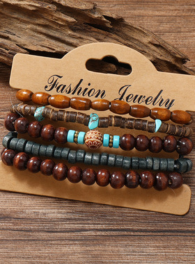 新品木珠多件套手链 欧美复古简约碎石多层木珠手串 木珠手镯