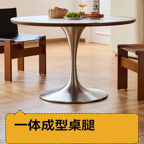 拉丝郁金香圆桌岩板餐桌家用复古实木圆形餐桌小户型吃饭桌子 - 图3