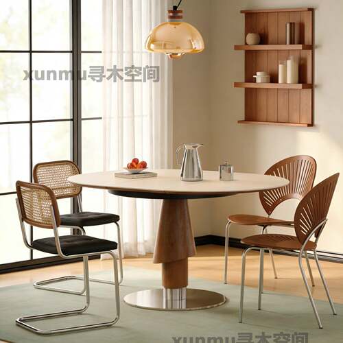 中古风岩板伸缩餐桌实木可变圆桌椭圆形拉伸桌子家用小户型折叠桌 - 图1