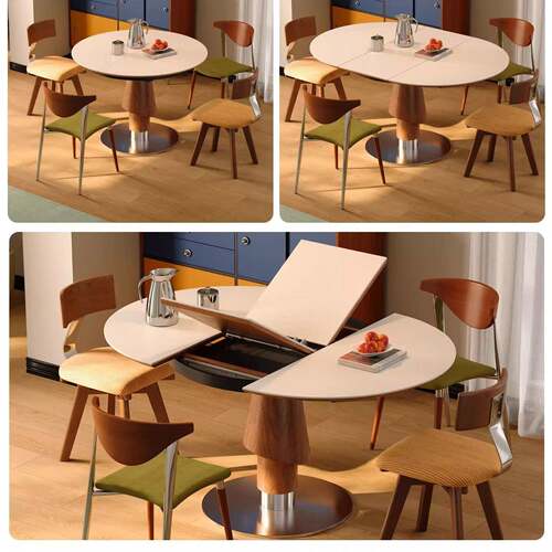 中古风岩板伸缩餐桌实木可变圆桌椭圆形拉伸桌子家用小户型折叠桌 - 图3