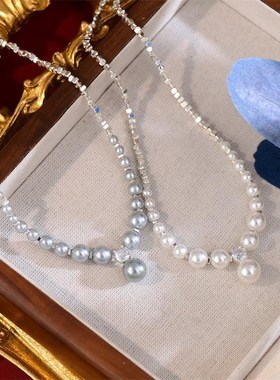 法式月光恋人碎银几两方糖珍珠项链全新小众设计高级感锁骨链颈链