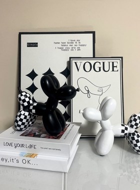 现代软装高级感小众棋盘格气球狗摆件轻奢客厅玄关家居桌面装饰品