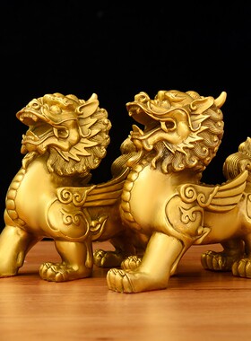 黄铜飞天貔貅摆件 公母一对中式风格家居装饰品