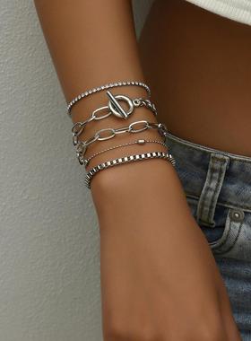 时尚手镯套装简约百搭OT扣多层钻链珠链叠戴5件套手链套装女