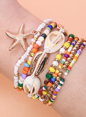 波西米亚沙滩风手链套装夏日多巴胺海星米珠贝壳手绳六件套女