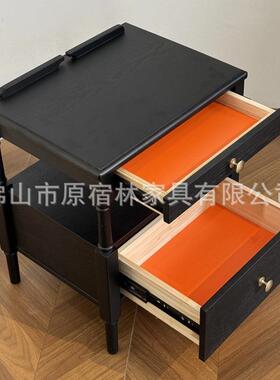 法式复古实木床头柜双层抽屉床边储物柜小户型家用白蜡木