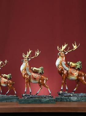 黄铜百财福鹿摆件鹿背白菜麋鹿家居客厅玄关老板办公室装饰品礼品
