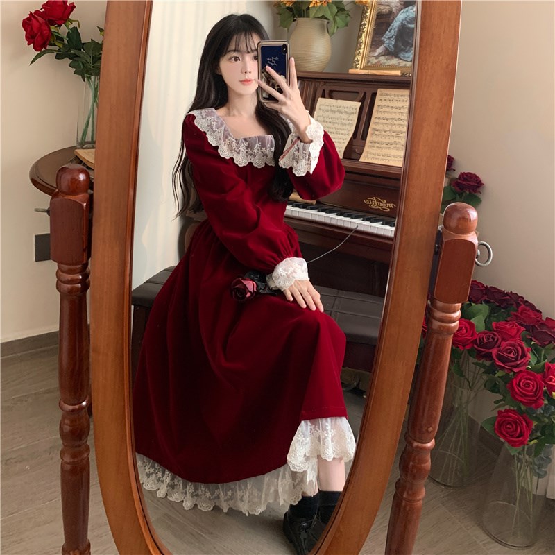 胖mm复古宫廷风蕾丝方领红色长裙秋冬大码法式P显瘦丝绒礼服连衣 - 图3