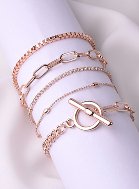 欧美饰品 时尚几何OT扣金属手链女创意镶钻圆珠多层手饰现货