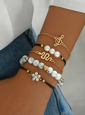 现货爆款手链链条街拍欧美三角黑色松石合金月亮五件套