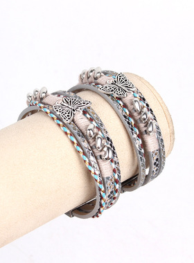 欧美新款多层贝壳叠戴手链手工编织蝴蝶皮绳手链复古情侣手饰