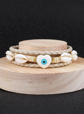 新款多层皮绳手链手工编织爱心贝壳原创手环爱心眼睛创意手串