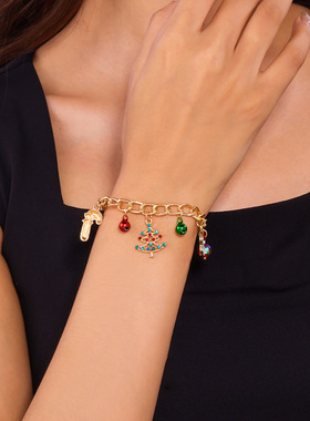 圣诞节新款手链欧美创意雪圣诞老人铃铛花环礼物吊坠抽拉手链