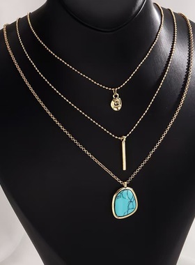 灵气饰品欧美时尚新品套索金边绿松石吊坠项链女多层百搭项链