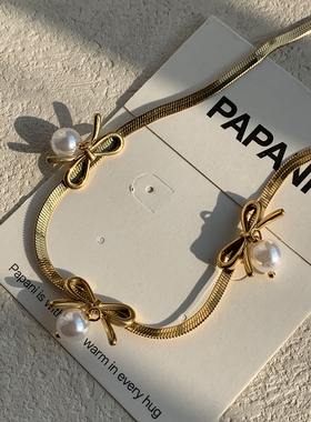 中古珍珠蝴蝶结锁骨项链