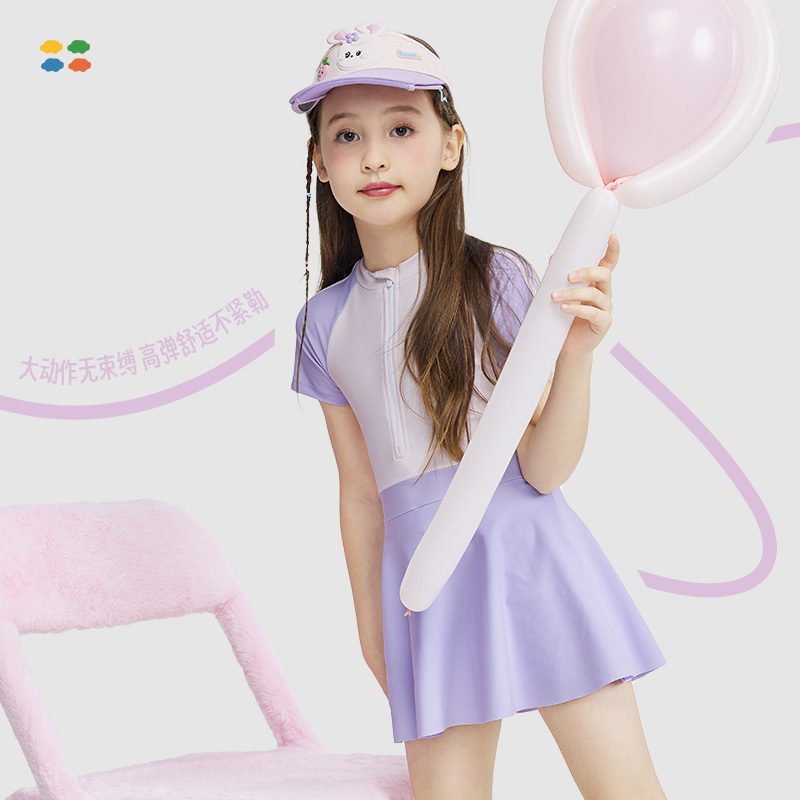 Jeep儿童泳衣女童中大童新款连体裙式初中生保守专业速干防晒泳装 - 图0