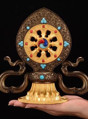 欧斯特 八吉祥双鹿法轮摆件 家用佛具用品佛前八供合金彩绘金轮宝