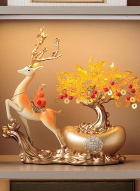 福鹿发公财式树鹿拉元宝元宝摆件办室高酒档柜电视柜中装饰品开业