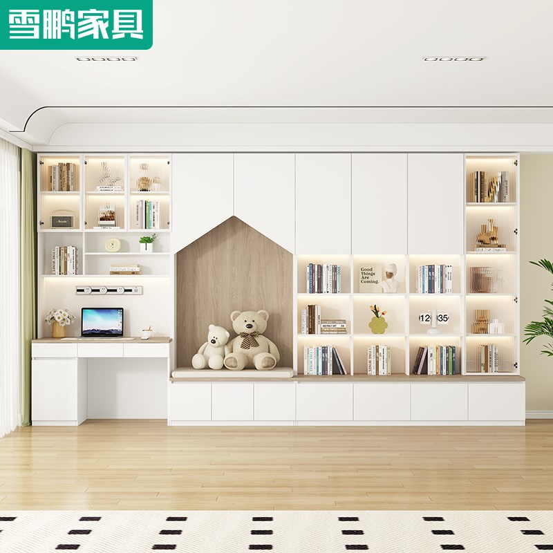 简约去客厅化书柜书桌一体满墙沙发卡座储物展示柜书架定制6F79 - 图1
