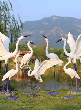 仿真鸟雕塑玻璃钢大型铁艺白鹭y摆件庭院假山水池塘户外花园林景